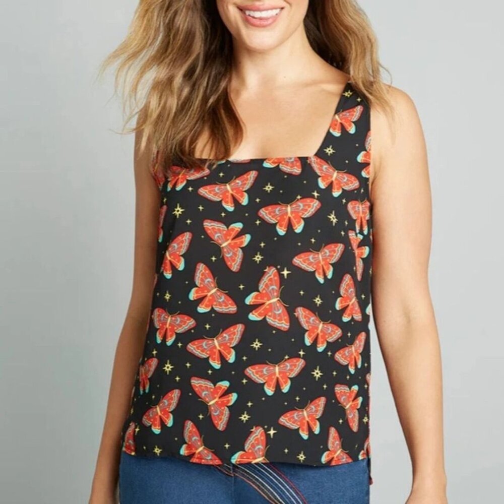 Modcloth Hip to be Square Neck Black Red Butterfly Tank Top Women’s Large NWT